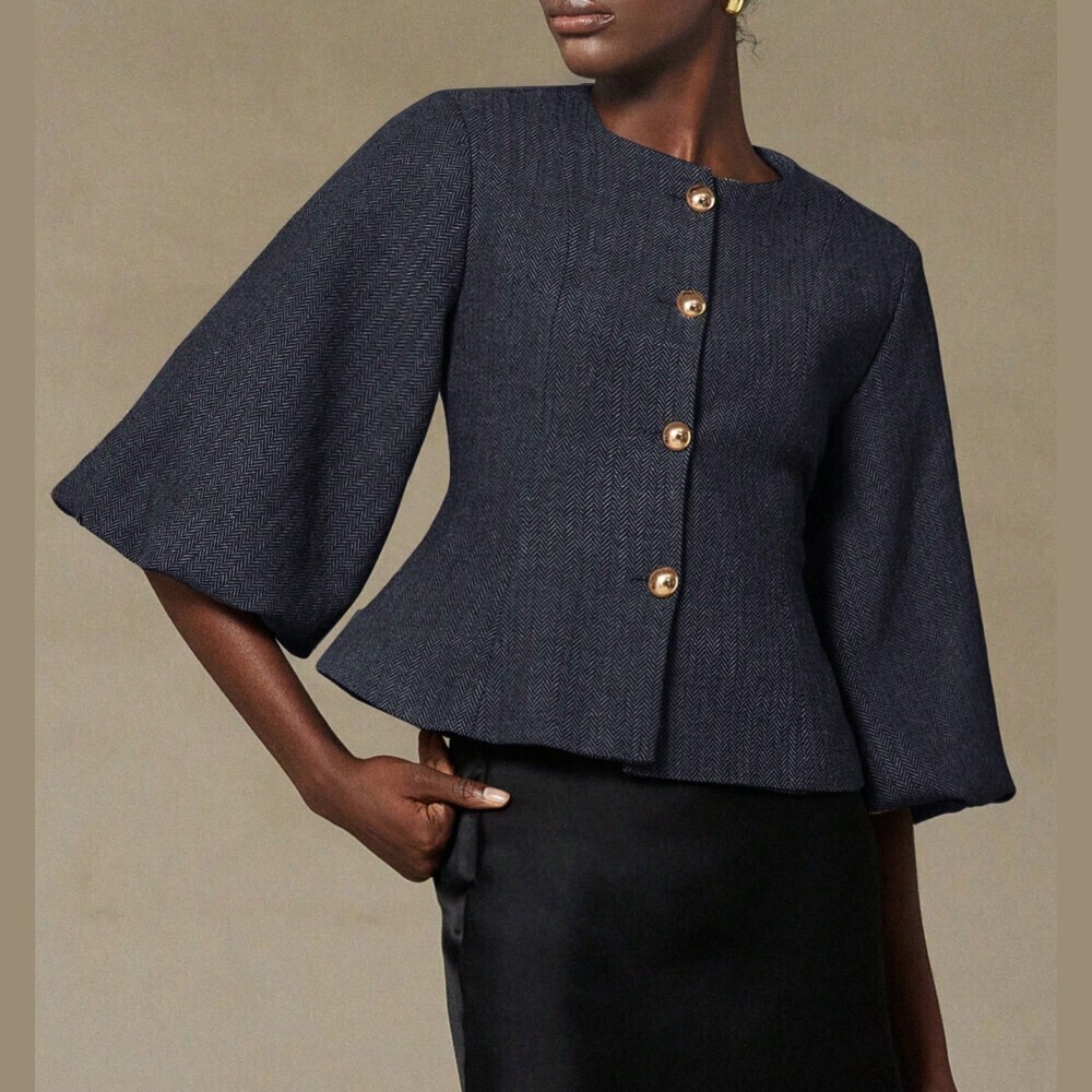 Navy Herringbone Peplum Jacket with Gold Dome Buttons